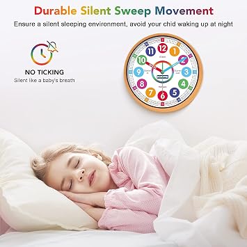 Homotte Kids Wall Clock for Bedroom, 10 Inch Round Multi-Colored Learning Clock, Children's Silent Analog Non-Ticking Educational Wall Clock, Gifts for Boys and Girls Home Decor