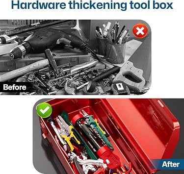 Metal Tool Box Empty, Tool Storage Box with Carry Handle and Metal Latch 37 x 16 x 12 cm Portable Toolbox for Small Parts for Tools (Red)