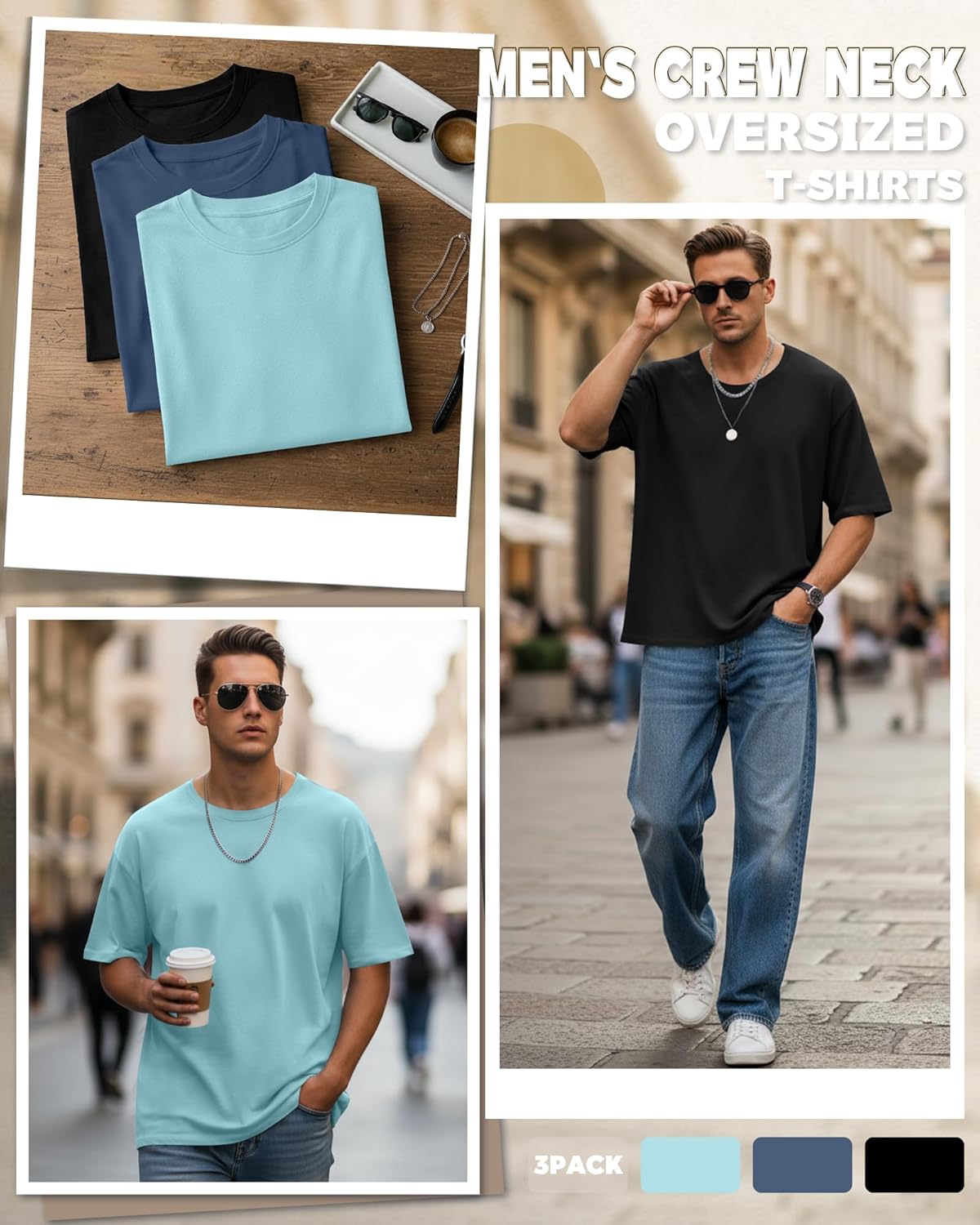 3 Pack Men's Oversized T-Shirts Short Sleeve Crew Neck Loose Fit Shirts Athletic Drop Shoulder Workout Basic Tees