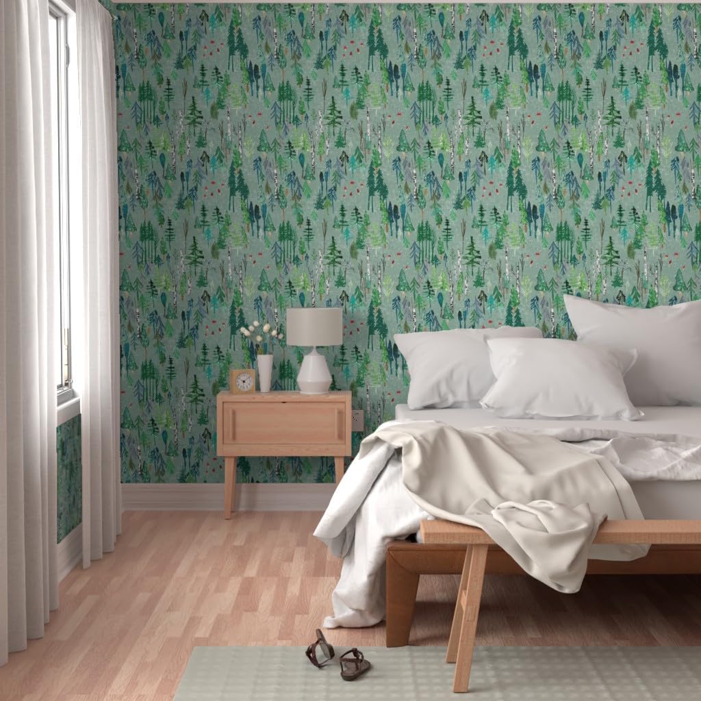 Peel & Stick Wallpaper 6ft x 2ft - Forest Sage Snow Mushroom Blue Woodland Pine Birch Trees Winter Christmas Custom Removable Wallpaper by Spoonflower