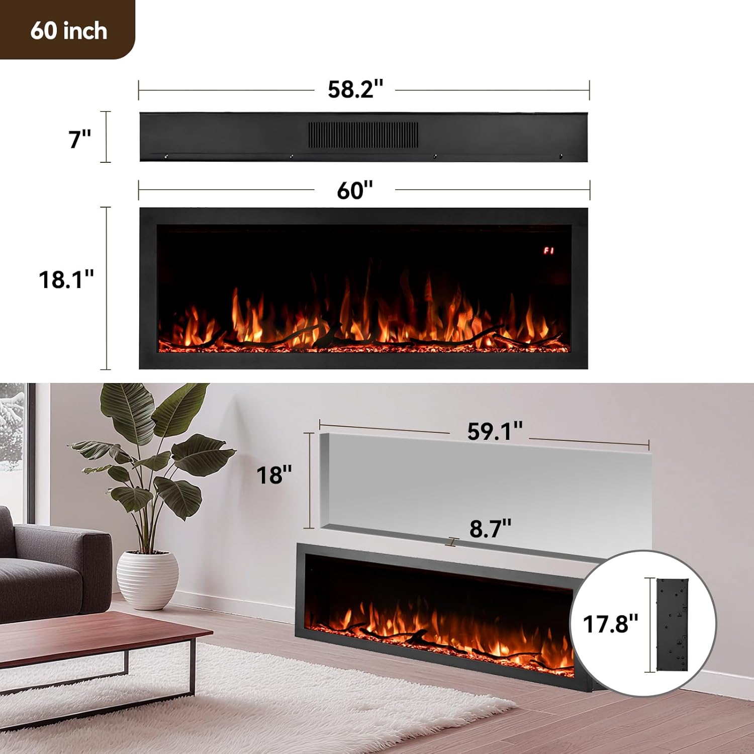Tuan 60 Inch Electric Fireplace, APP Remote Control Compatible, Wall Mount or in Wall Recessed Fireplace Insert, Color Changing Flames& Embers, Indoor Fireplaces
