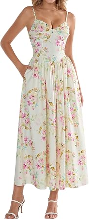 EYNMIN Womens Floral Midi Flowy Summer Wedding Guest Dresses with Pockets