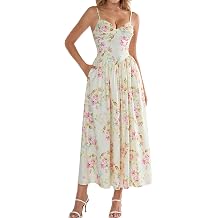 EYNMIN Womens Floral Midi Corset Dresses Flowy Spaghetti Strap Smocked 2026 Summer Wedding Guest Dress with Pockets