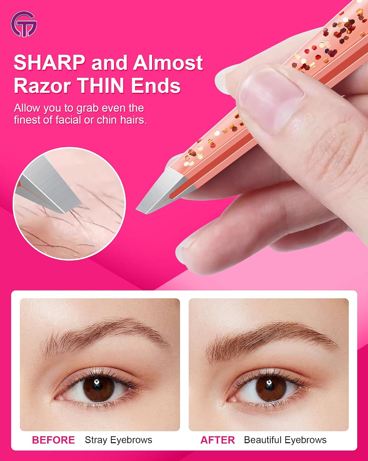 Expert Slant Tip Tweezers with Leather Case, GlamTweeler Sharp & Precision Stainless Steel Tweezer for Eyebrows, Facial Hair and Fine Hairs Removal (Glitter Rose Gold)