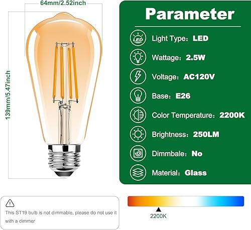 Miniatura 2 de ST19 Bombillas LED Edison vintage, bombilla LED E26 equivalente a 25 W, bombillas de filamento LED vintage, 2.5 W blanco cálido 2200 K, 250 lúmenes,