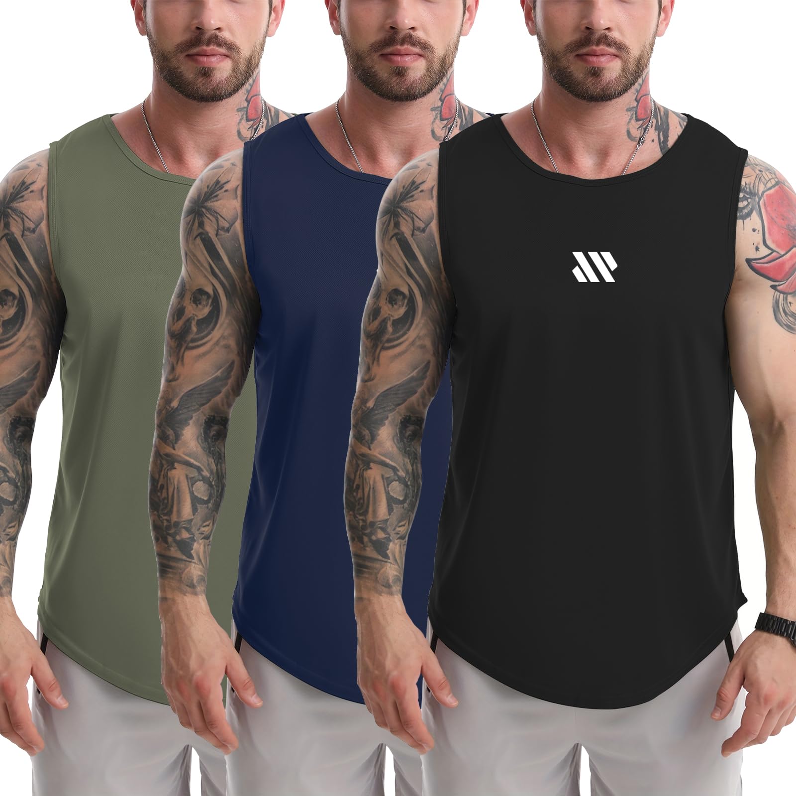 Tank Tops Men's 3 Pack Muscle Shirts Sleeveless Dry Fit Gym Workout Tank Top Mesh Material Quick Dry Athletic Running (US, Alpha, X-Large, Regular, Regular, Black+Navy Blue+Army Green)