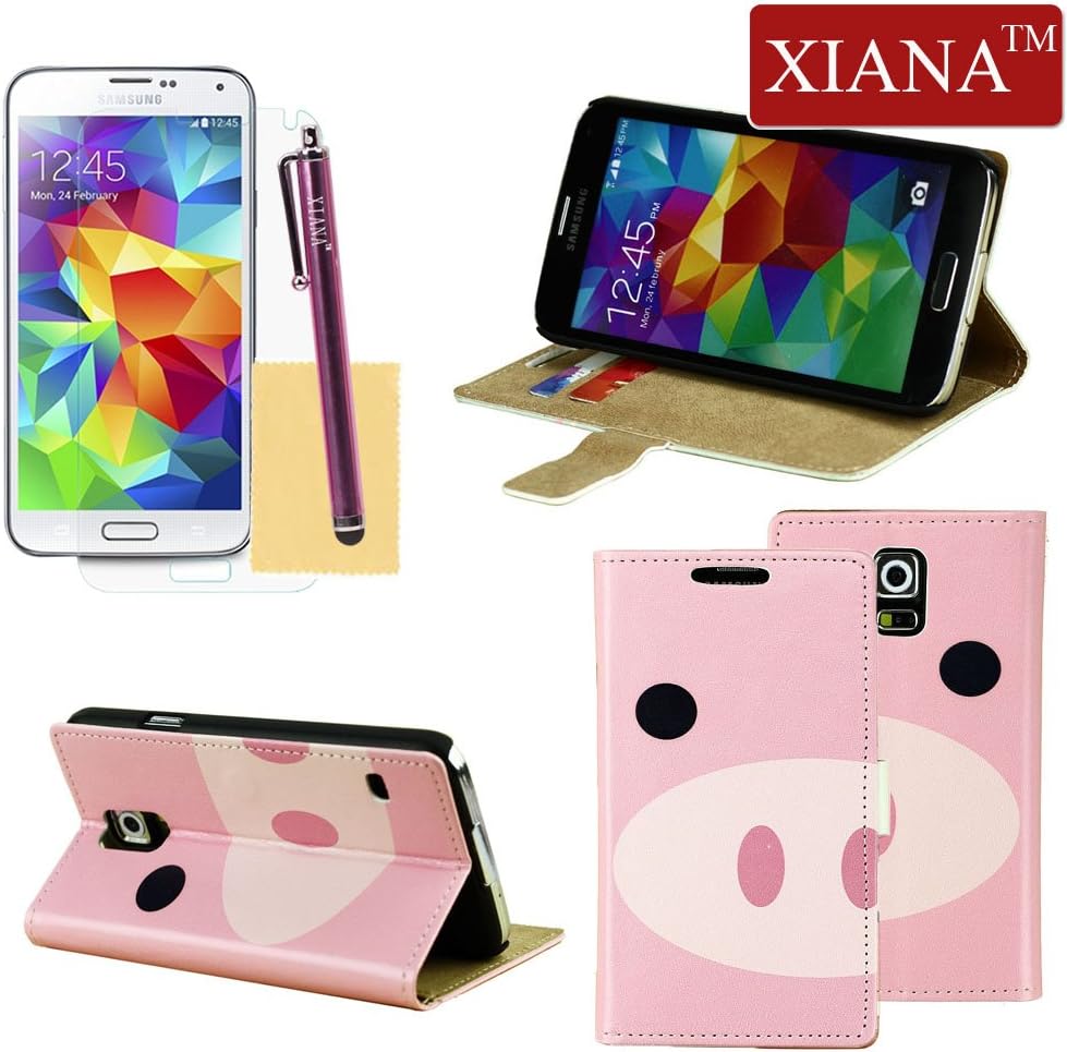 Galaxy S5 Case, XIANA Fashion Design Funny Pink Pig Face with Supramaximal Nose Pattern Stand Wallet Leather Case Cover Protector For Galaxy S5 i9600,A Stylus,Screen Protector and Cleaning Cloth Included