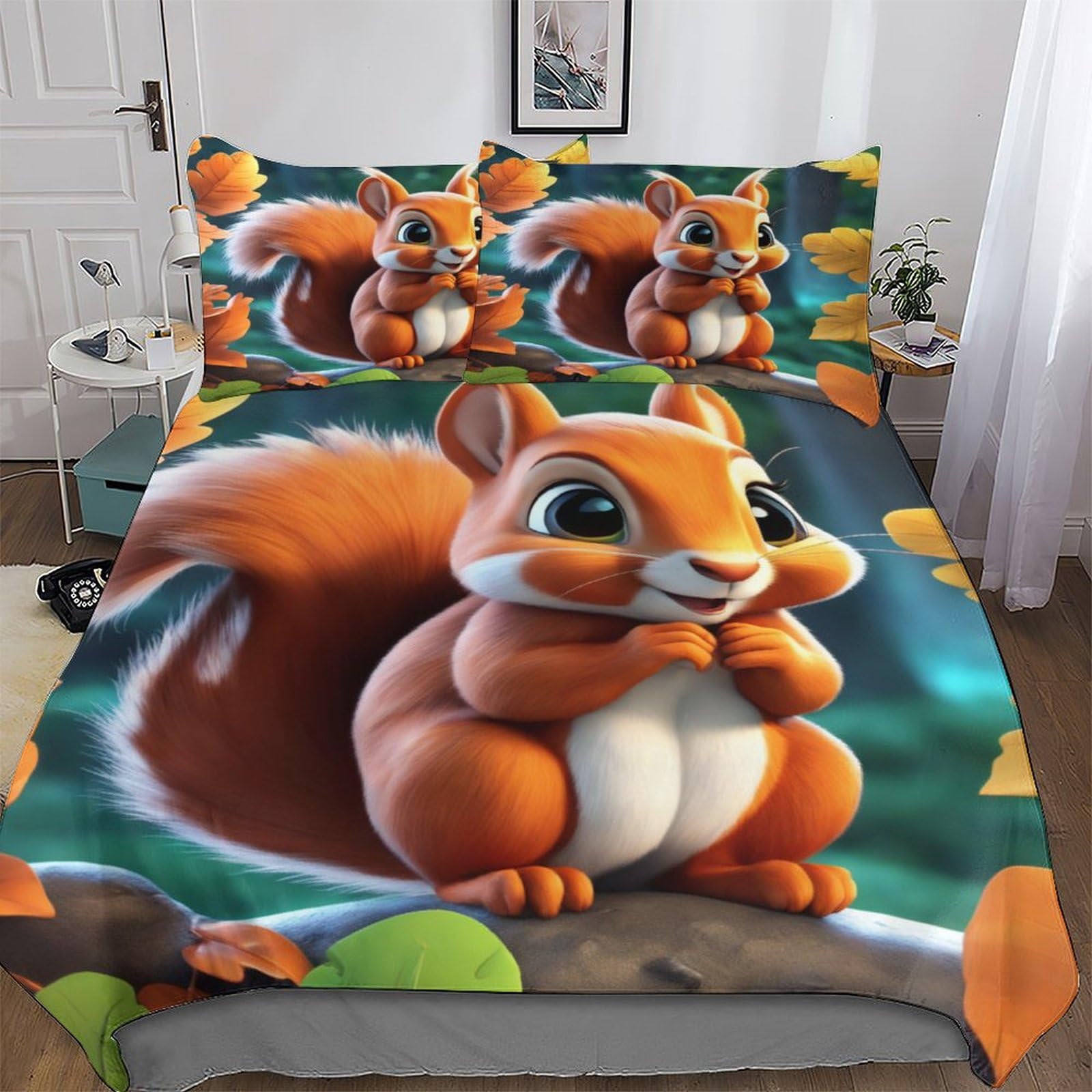 Cute Squirrel Duvet Cover Set 3D Bedding Set Microfiber Comforter Cover 2PCs with Pillow Shams, Zipper, Soft Lightweight Quilt Covers for Kids, Youth And Adult Single (135x200cm)