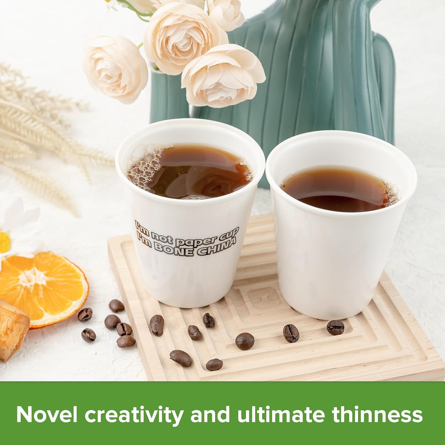 Stackable 8oz Fine Bone China Coffee Tea Cups Without Handle for Espresso and Cappuccino Set of 6, Demitasse Cups Same Size as Standard Paper Cup Model, Multipurpose Tumbler Toothbrush Bathroom Cup