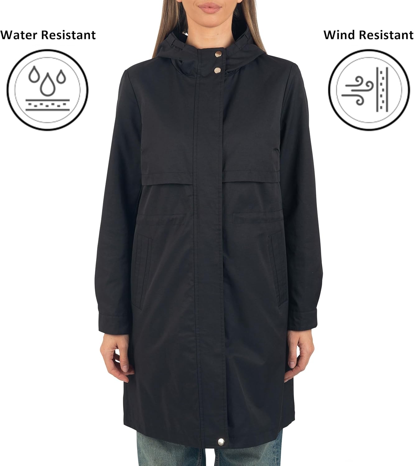 Alpine Swiss Tanya Womens Hooded Rain Jacket Long Raincoat Trench Coat Windbreaker - Image 2