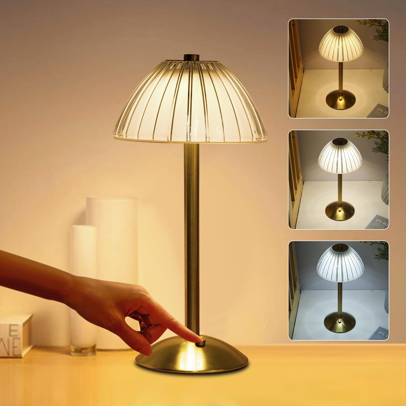 CaalLogt Cordless Table Lamp USB Rechargeable LED Desk Lamp with Touch Control Dimmable 3 Light Colors Battery Operated Lamp Bedside Lamp for Bars Restaurants Coffee Shop