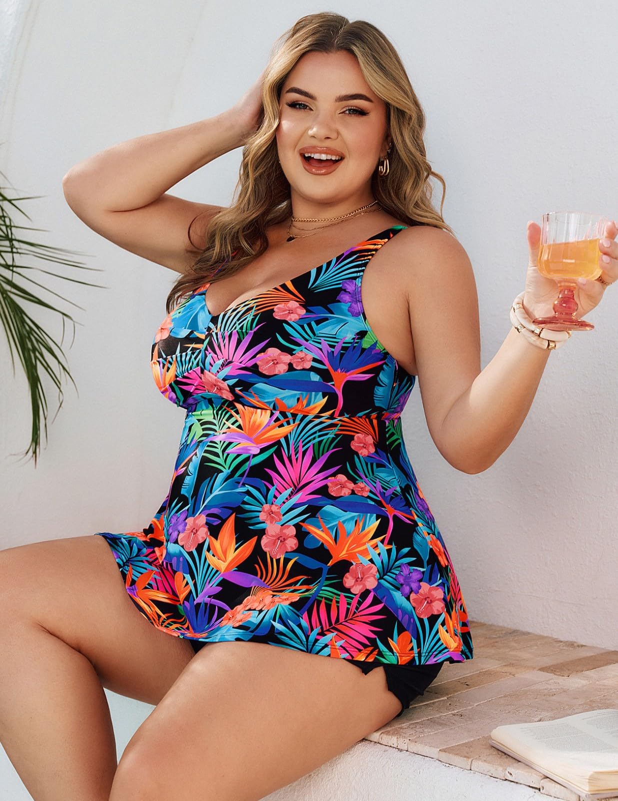 Hanna Nikole Tankini pour femme - Grandes tailles - Taille haute - Deux pièces - Maillot de bain ventre plat - Short de bain avec poches