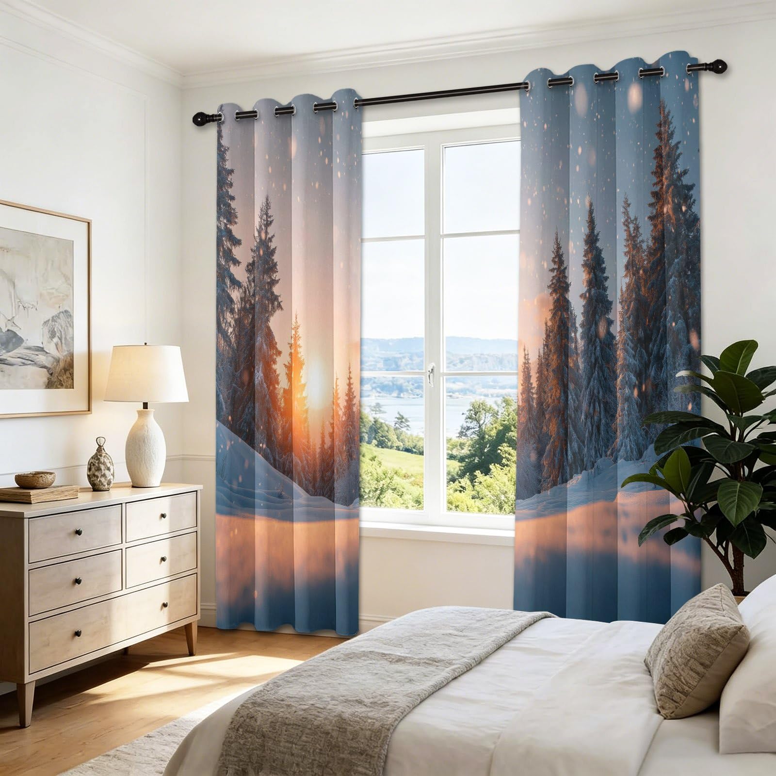Cortinas ocultantes naturales para paisaje, 140 x 260 cm, juego de 2 cortinas térmicas, estampadas, abetos, nieve, puesta del sol, cortina opaca para salón y dormitorio, color blanco naranja