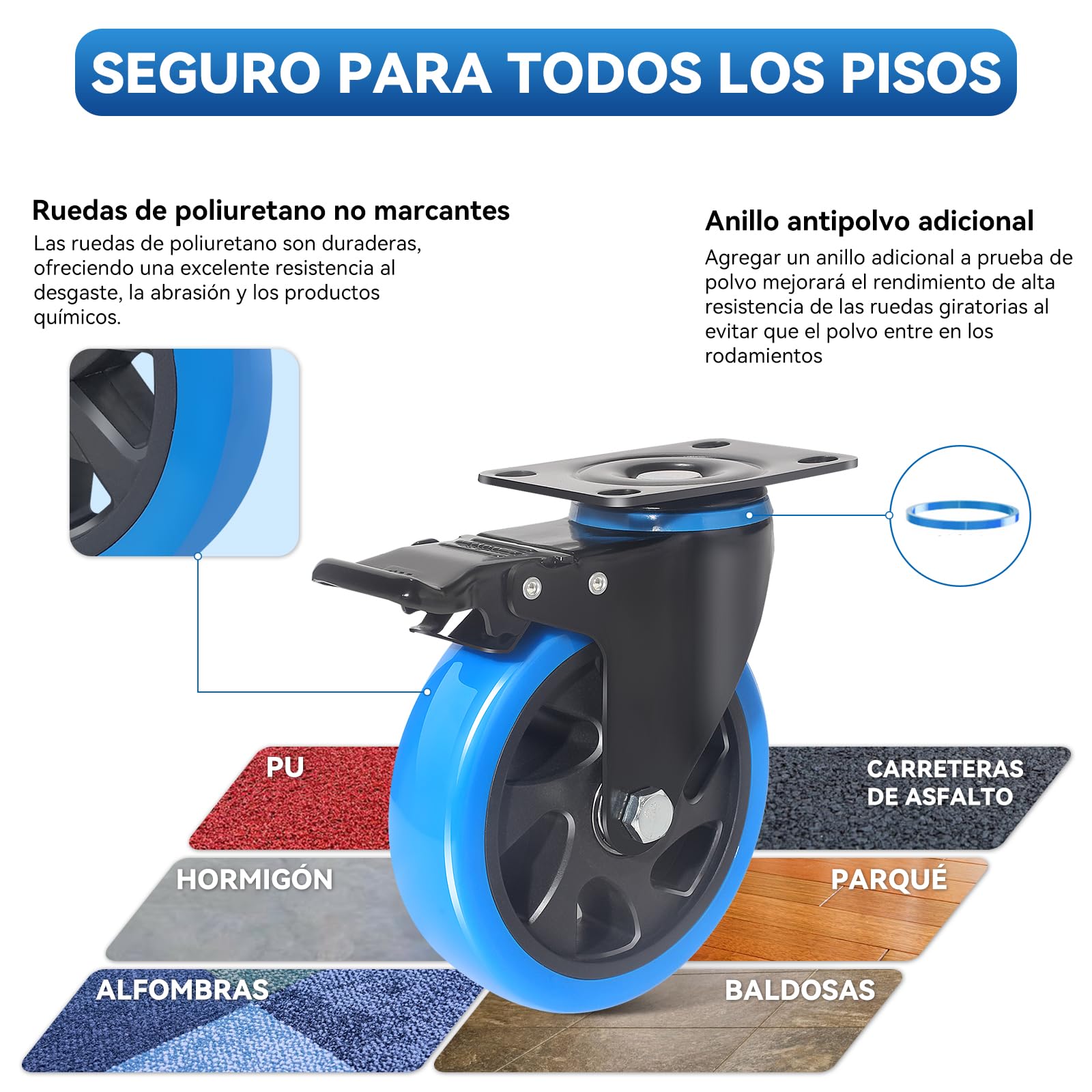 Ruedas para Muebles de 100mm Azul para Trabajo Pesado con Freno y Tornillos - Set de 4 Ruedas Pivotantes de Carga Pesada - Ruedas Industriales de Placa - Soportan hasta 600KG