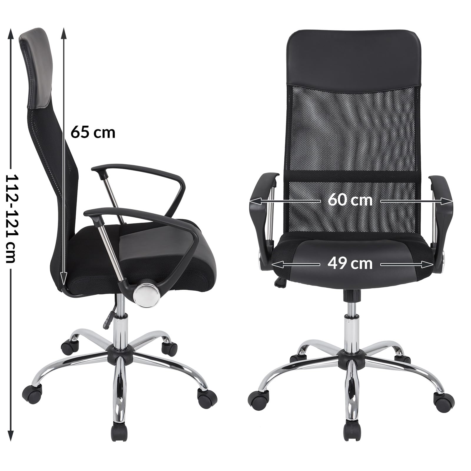 Casaria ergonomischer Bürostuhl höhenverstellbar Schwarz | 360° drehbar, Lenden- und Kopfstütze, Härtegradeinstellung, Schreibtisch, Lenden- und Kopfstütze, Wippfunktion, Mesh