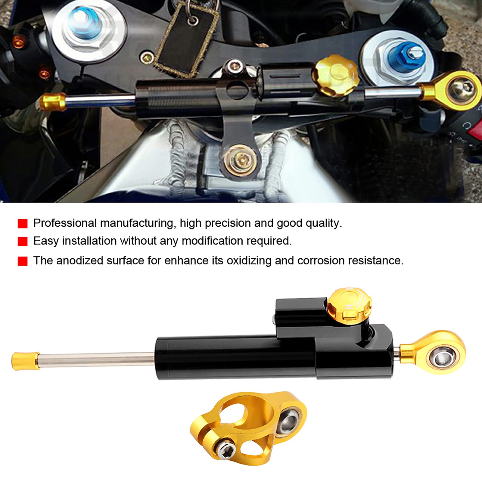 Uniwersalna kierownica motocykla Amortyzator układu kierowniczego ze stopu aluminium, Stabilizator, Kontrola bezpieczeństwa, Czarny, element o wysokiej precyzji, do pojazdów o (Czarny)