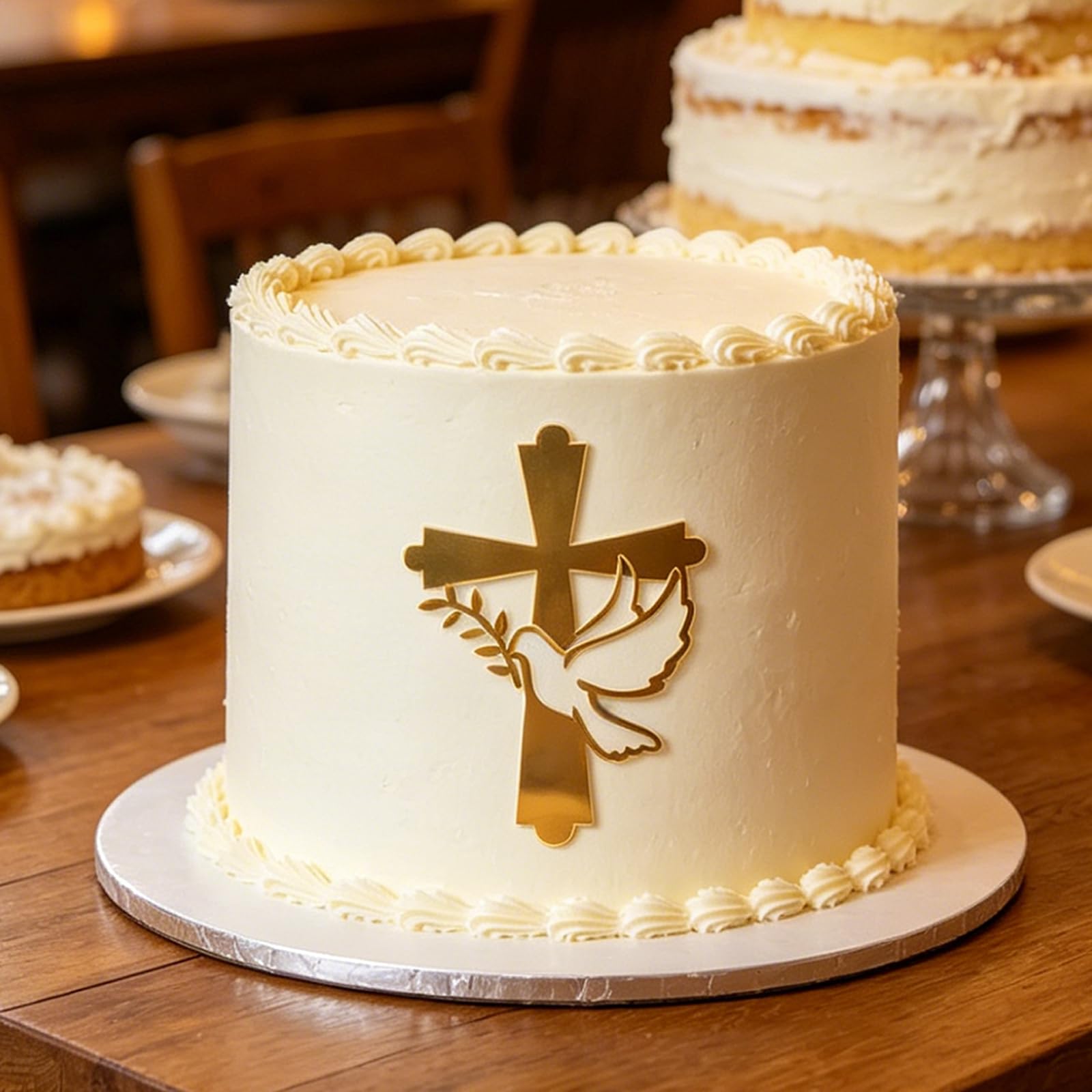 Holy Communion Cake Topper, Gold Mirror Acrylic Cross with Dove & Olive Branch, 2 Pack Reusable Cake Decoration for Baptism Confirmation Decor