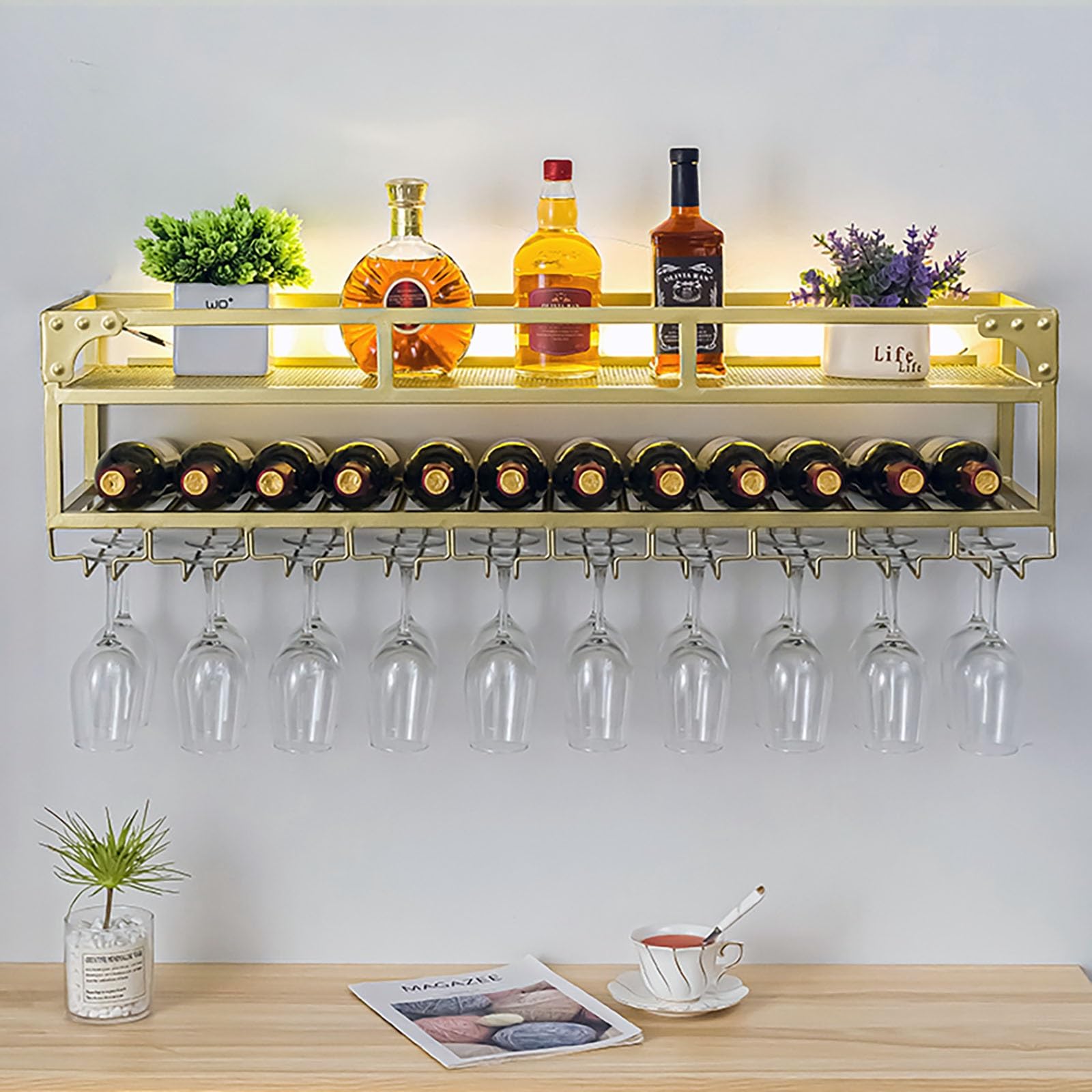 Casier à vin suspendu en métal et étagère à LED pour bouteilles et verres