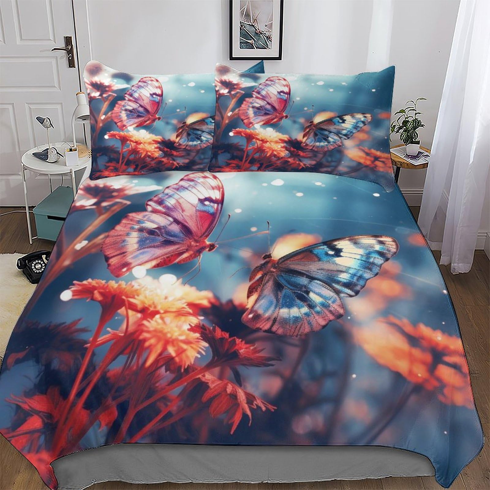 Parure de lit double douce en microfibre coton hypoallergénique imprimé papillon