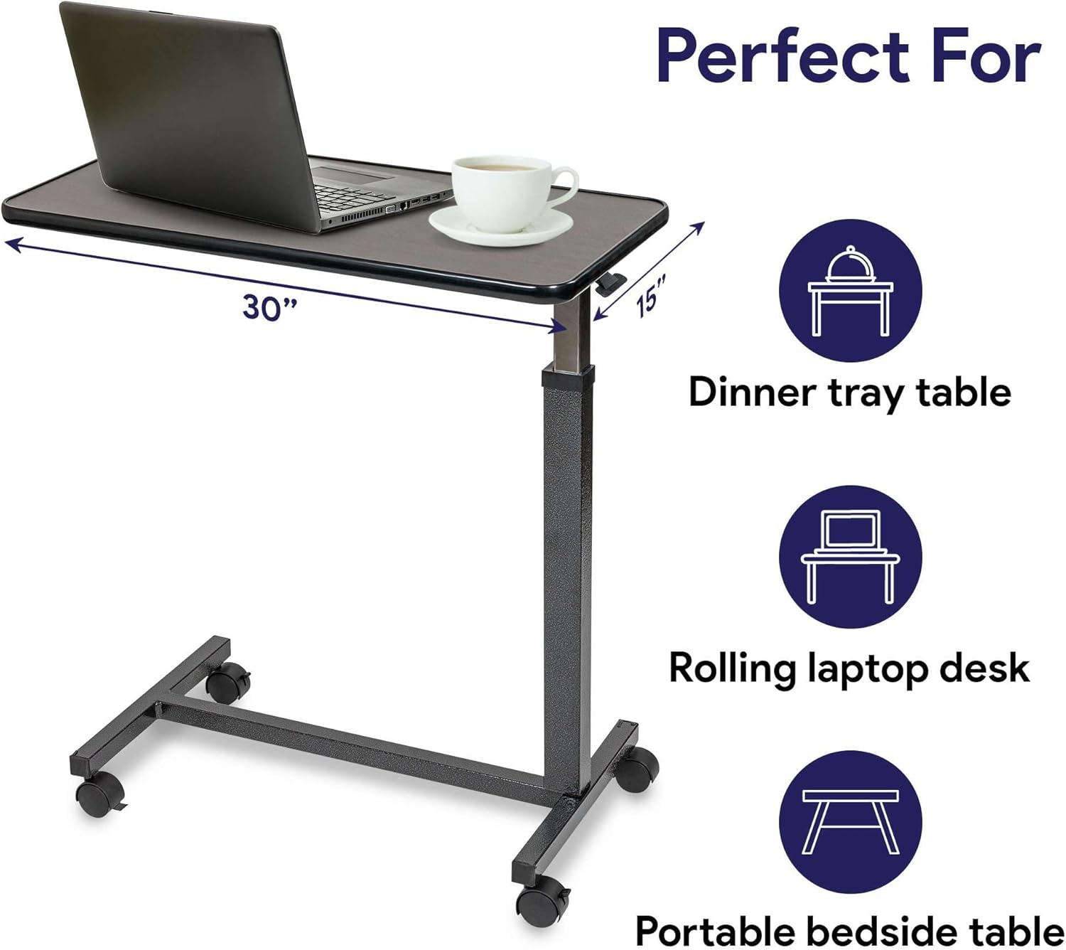Mahogany Overbed Table with Wheels - Over Bed Table with Wheels, Adjustable Height, and Wood Top - Medical Rolling Bedside Table for Hospital and Home Use
