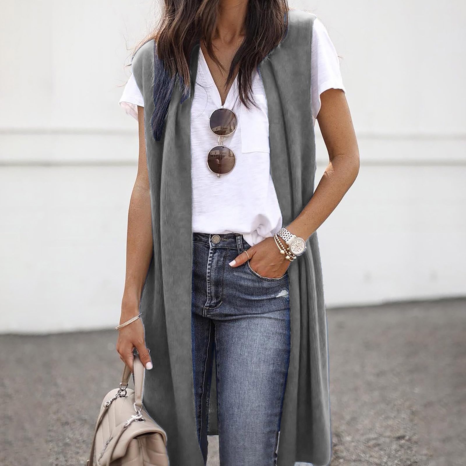 Langer Weste Damen Ärmellos Lang Cardigan Elegant Vorne Offen Strickjacke Einfarbig Drapiert Mantel Leichte Herbstjacke Locker Longweste Dünne Jacke Basic Damenweste Oberbekleidung