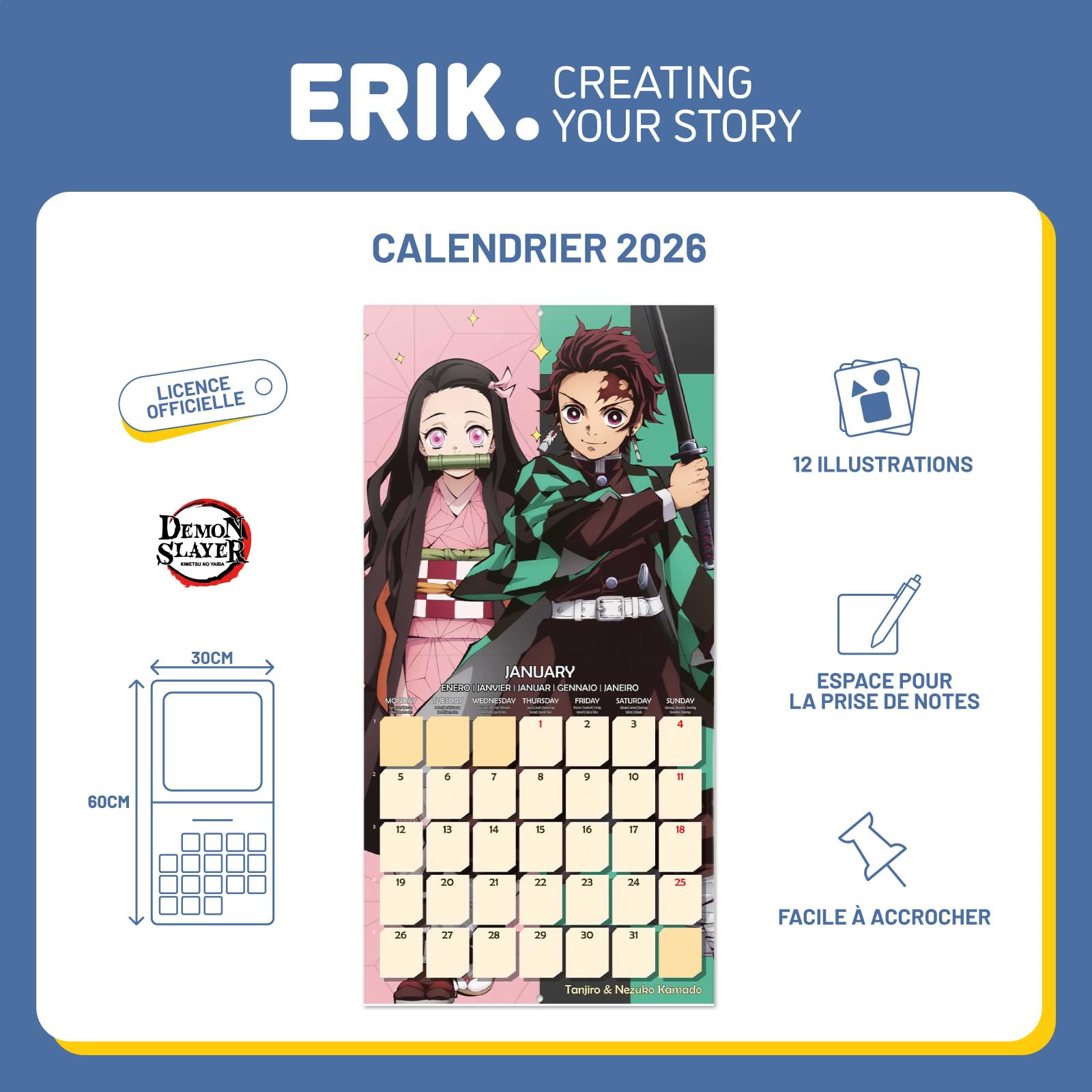 Calendrier Mural 2026 Demon Slayer - Format 30x60 Cm Déplié - Papier 140 G - Multilingue (français Inclus) - De Janvier à Décembre