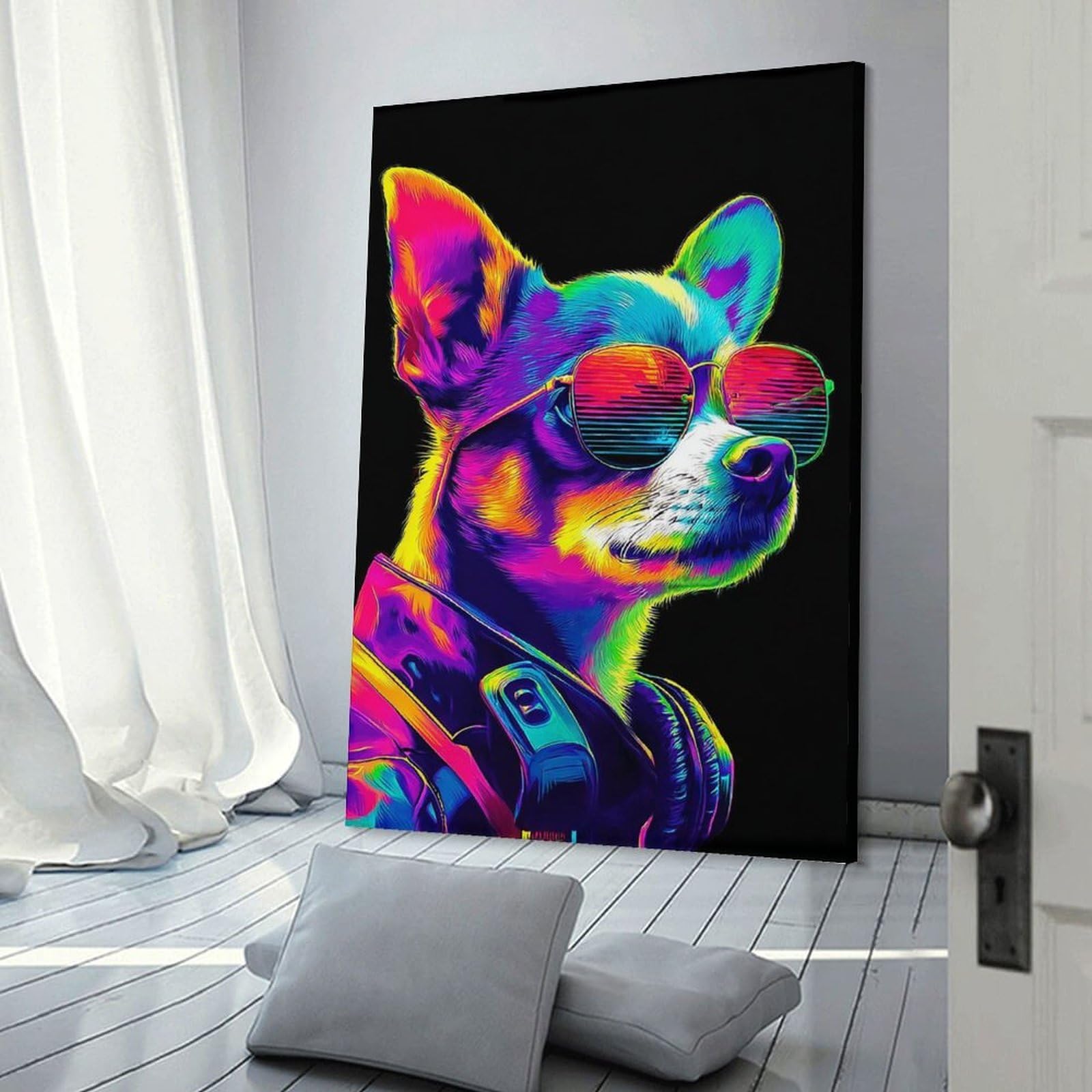 Junmoney Canvas Wall Art Vibrant Neon Dog Portrait -2, 16x24inch(40x60cm), for New Homes, Bedrooms Or Workspaces, Canvas Artwork with Gifting Potential