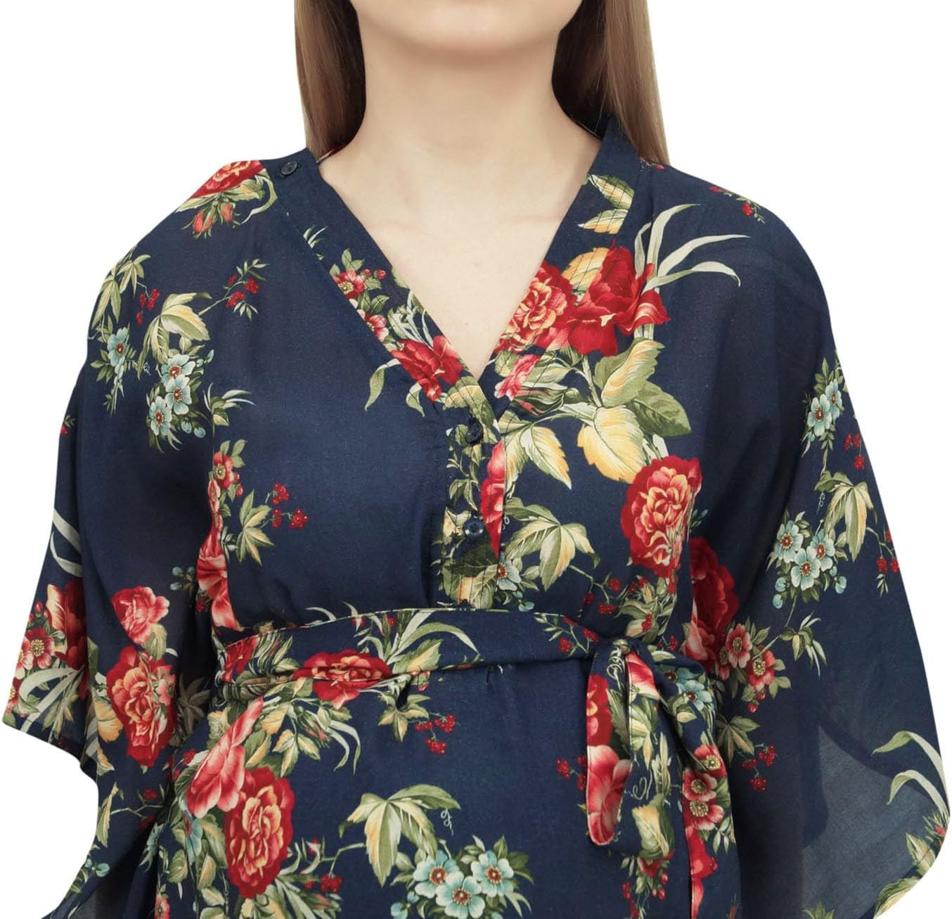 Bimba Moms Floral Printed Kaftan with Belt Maternity Maxi Dress