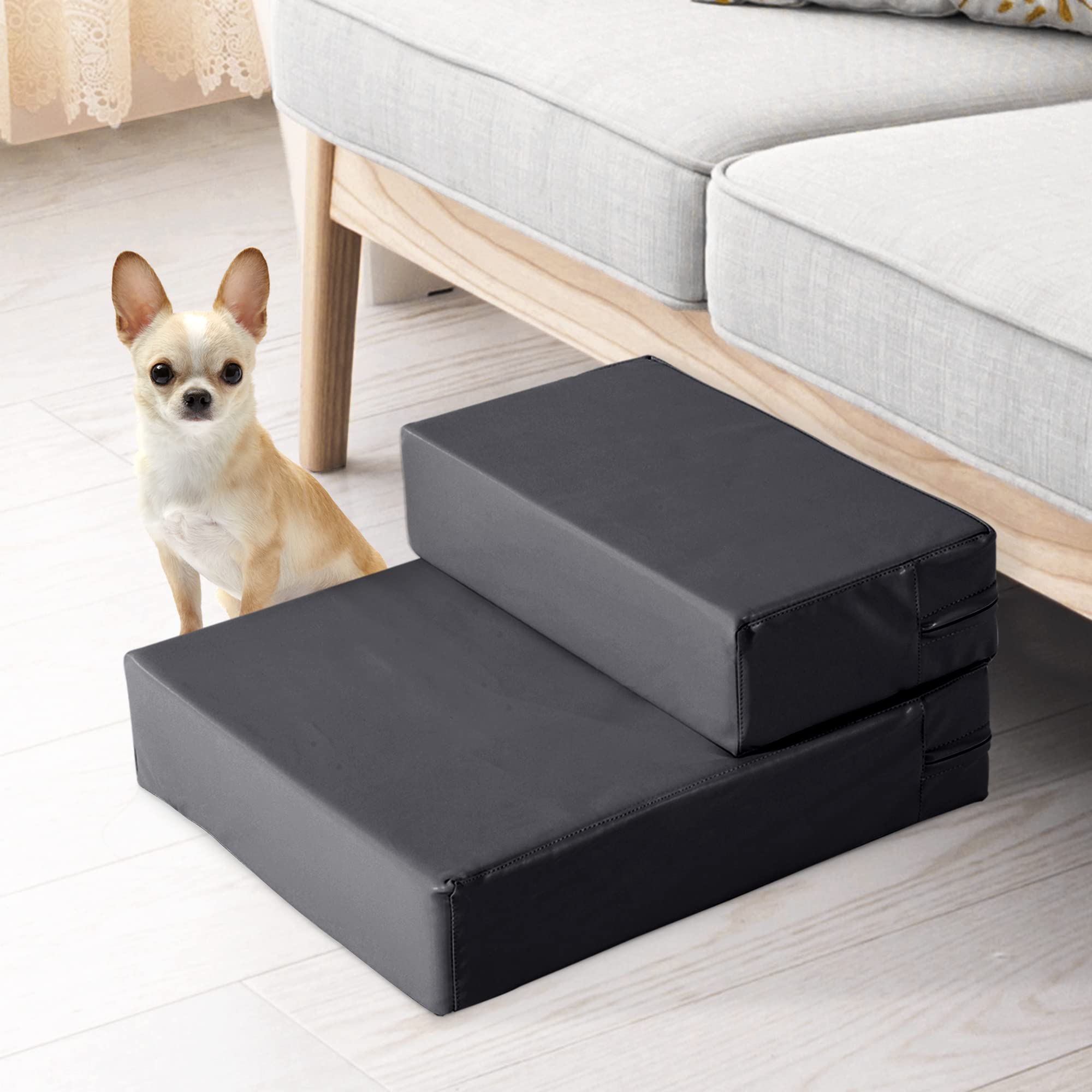 PawHut Scaletta per Cani a 2 Gradini con Cuscino, Scala per Cani in PU e Gommapiuma, 67x39x10 cm, Nero