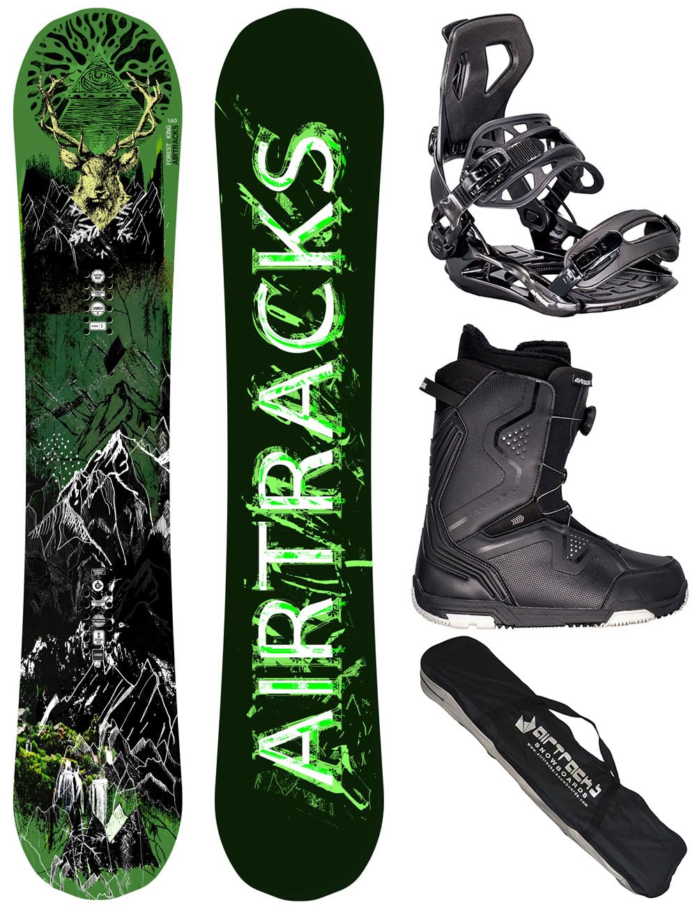 Airtracks Herren Snowboard Set Freeride Freestyle Forest King Carbon Wide Hybrid Rocker + Snowboard Bindung Master + Snowboardboots + Sb Bag 153 156 160 cm