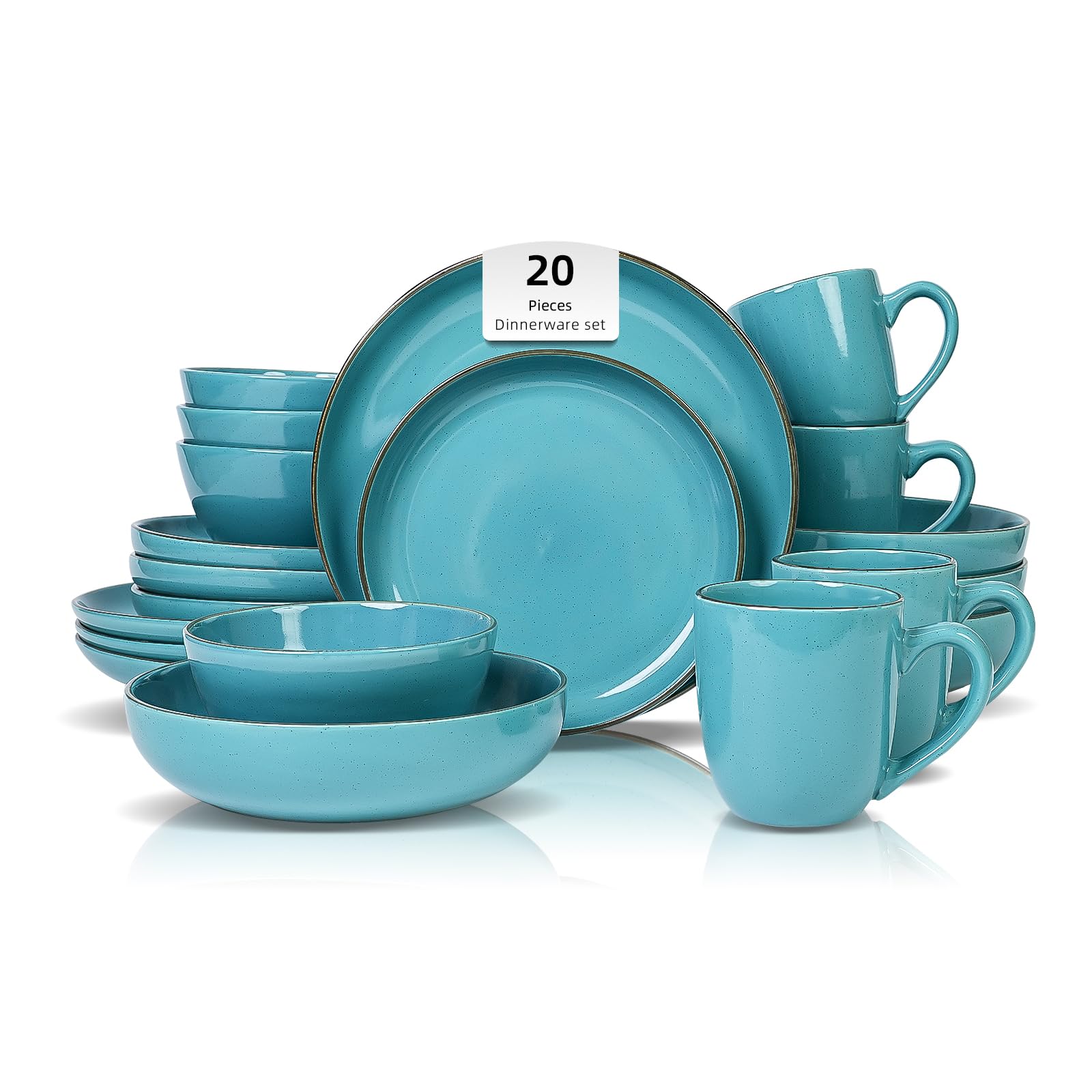 Home VSS, Nordic Raising Rim Shape 20pc Stoneware Dinnerware Set, Shiny Turquoise Glaze with Speckle Effect โ image 1