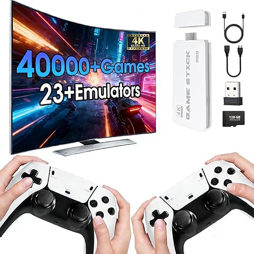 2026 New Wireless Retro Game Console, 23 Emulators and 40000+Games, Plug and Play 4K HDMI TV Game Stick, with Dual 2.4G Wireless Controllers (White)