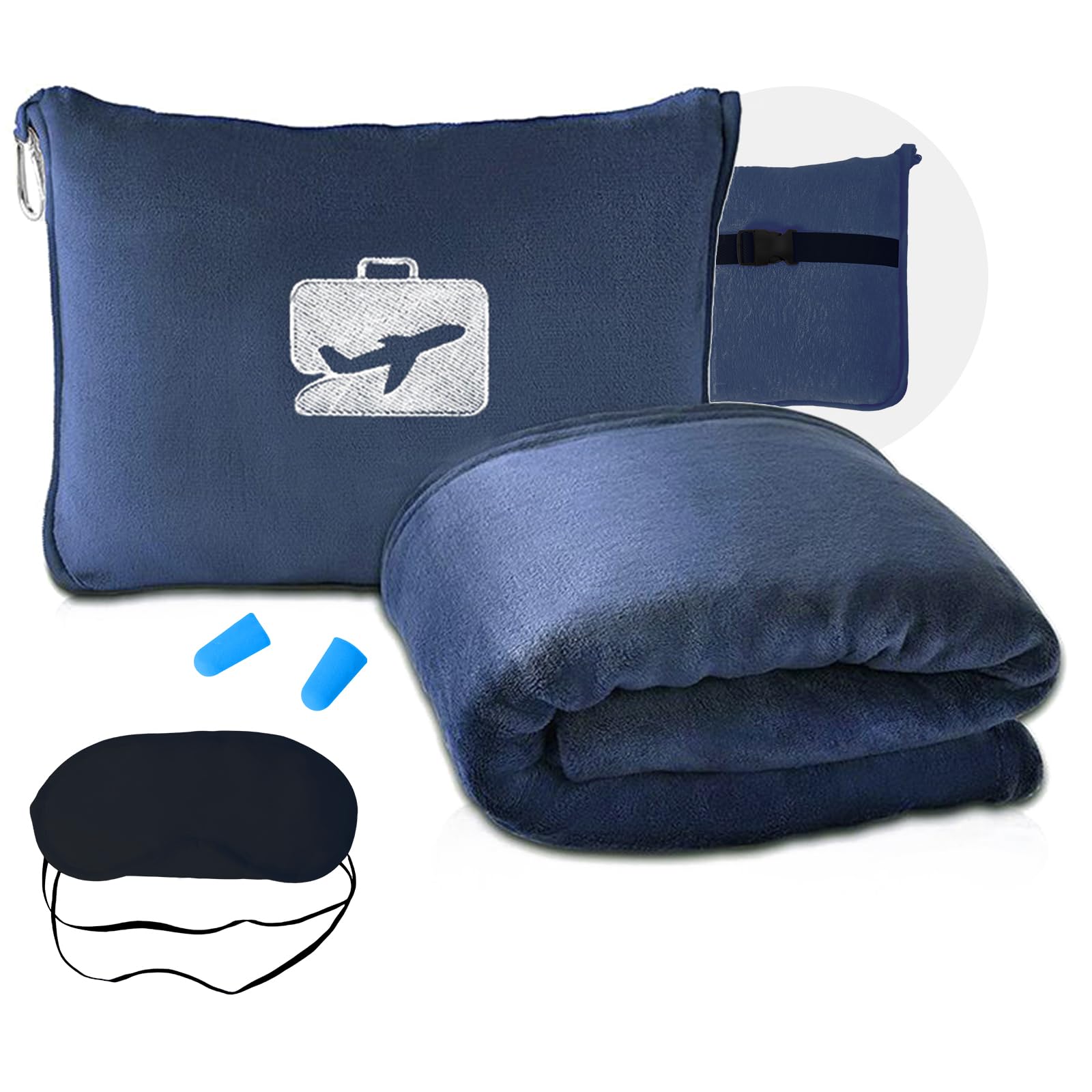 Manta de Viaje 2 en 1 con Almohada, 155 x 130 cm, Suave y Cálida, Ultraligera y Portátil, Incluye Máscara y Tapones para Oídos, Con Clip para Mochila y Funda, Ideal para Camping y Viajes (Azul Marino)