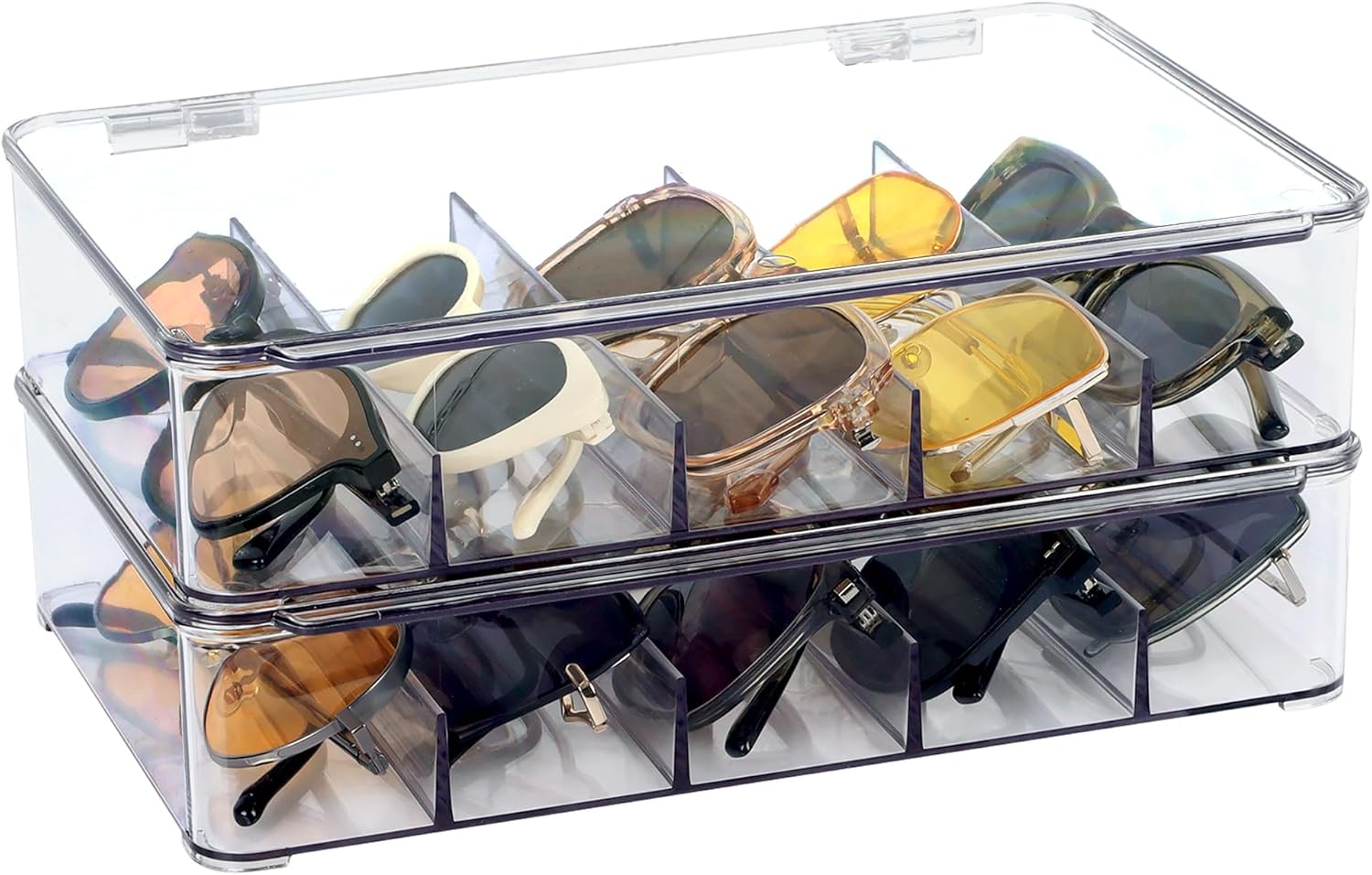 FORUP Sunglasses Organizer, Plastic Stackable Eyeglass Case Storage Organizer, Sunglass Glasses Storage Box with Hinged Lid Clear
