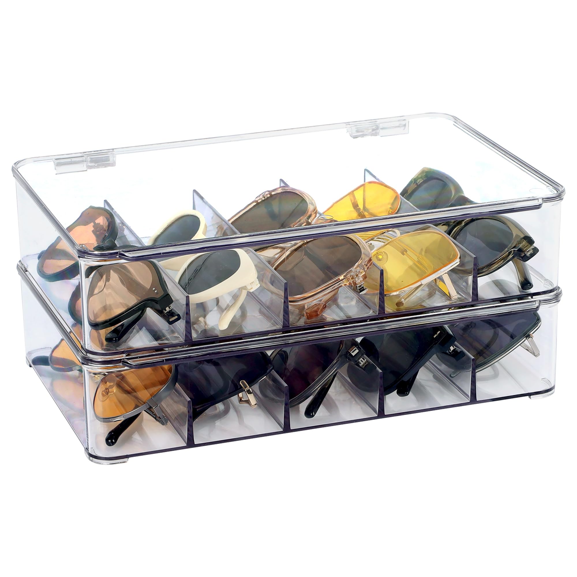 FORUP Sunglasses Organizer Plastic Stackable Eyeglass Case Storage Organizer Sunglass Glasses Storage Box with Hinged Lid