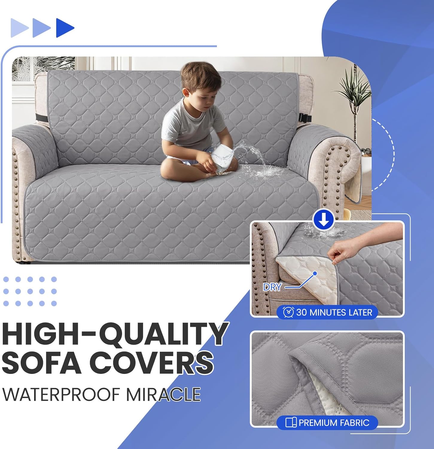 100% Waterproof Loveseat Covers for 2 Cushion Couch, Sofa Covers for Pets Washable with Side Pockets Elastic Straps, Non Slip Couch Covers for Dogs, Dog Couch Cover (Loveseat, Light Grey)