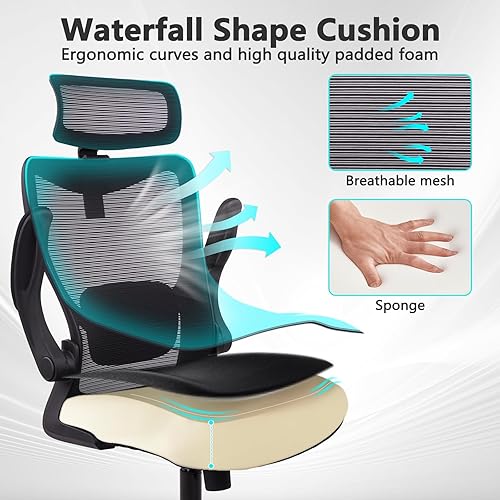 Miniatura 5 de CLATINA Silla de oficina ergonómica de malla con respaldo alto ajustable, apoyabrazos abatibles, silla giratoria ejecutiva giratoria cómoda para