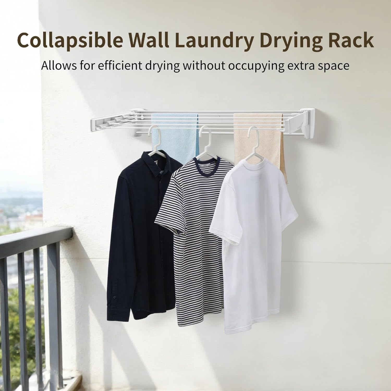 Collapsible Wall Laundry Drying Rack, Wall Mounted Plastic Clothes Dry Rack with 5 Sliding Rods 1 Fixed Towel Bar, Space-Saving Foldable Laundry Hanger for Indoor Balcony Small Spaces