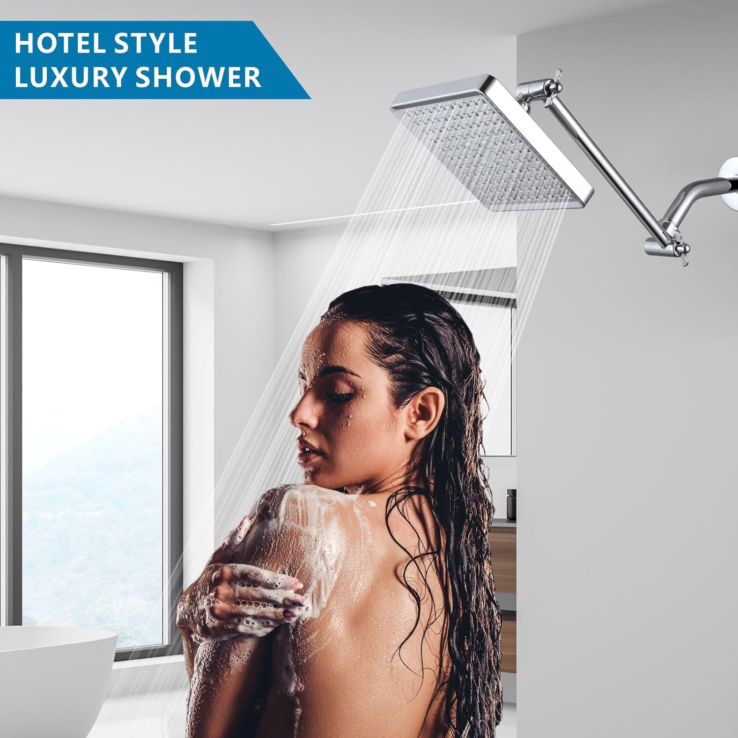 High Pressure Rain Shower Head with 11'' Extension Arm - High Flow Rainfall Showerhead - Luxury Modern Look - Pressure Boosting(Square, Chrome)