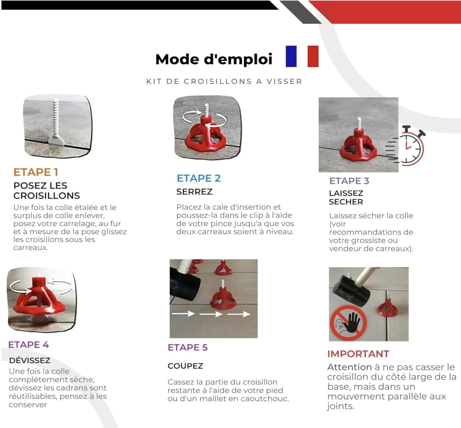 Croisillons carrelage autonivelant 3mm I SHAFFER PRO I Comptatible 20mm | kit 3 mm | 100 clips+100 cadrans réutilisables |3-22 mmI Shaffer pro I nivellement à visser - pose de carreaux Sols/murs