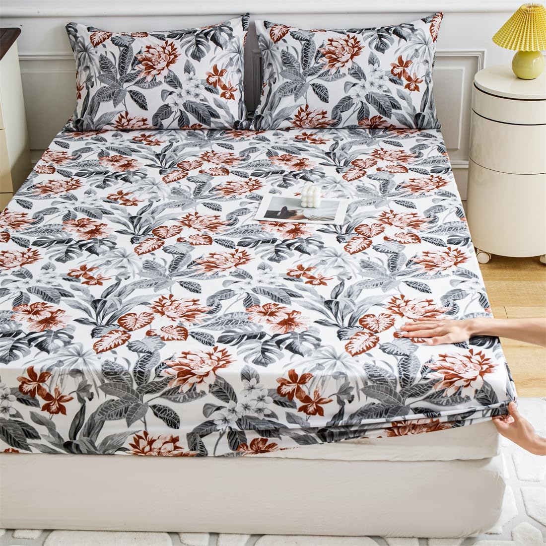 Floral Fitted Sheet with Pillowcase, 3-Pieces Brushed Microfiber Soft Bed Fitted Sheets Only, 11" Deep Pocket Fitted Bottom Sheet, Ultra Soft, and Fade Resistant (06, Twin 39"x75")
