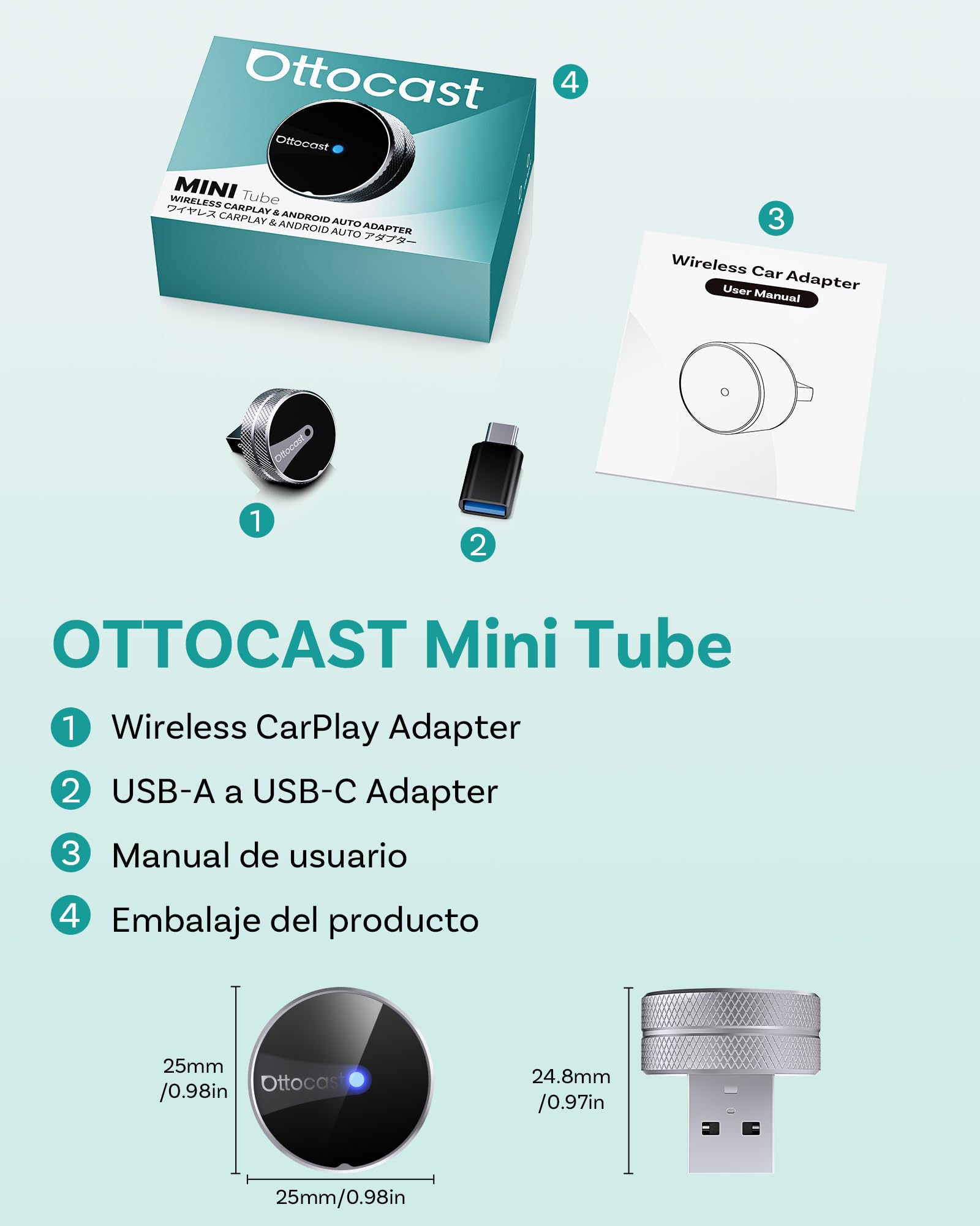 2026 Ottocast Mini Tube Adaptador Inalámbrico CarPlay & Android Auto, Convertidor de Cable a Inalámbrico, Plug & Play, Reconexión Rápida, para Vehículos con CarPlay o Android Auto con Cable