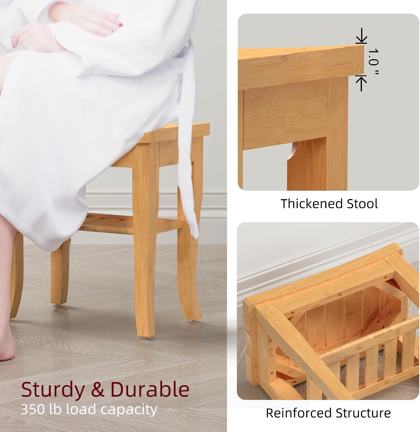 Bamboo Shower Bench, Spa Small Shower Stool for Inside Shower Waterproof, Bathroom Bench Seat with Storage Shelf for Adults Elderly Seniors, Wood Chair for Indoor or Outdoor Use, Natural image 5