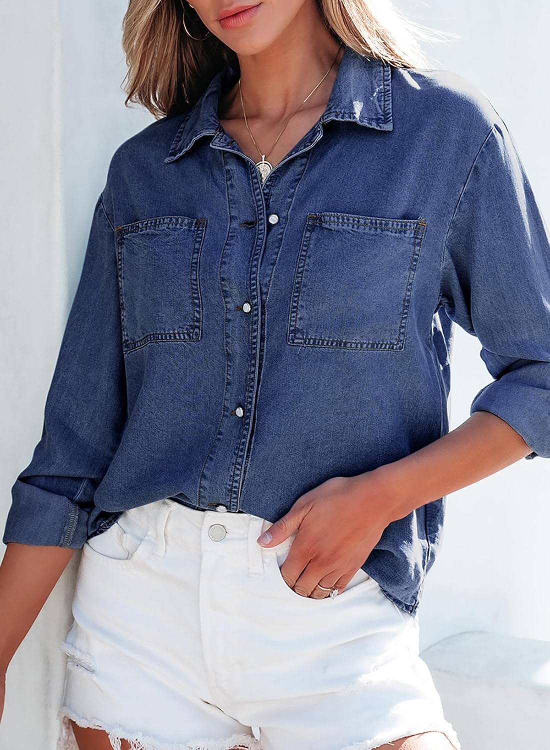 Sidefeel Women's Denim Shirts Button Down Jean Shacket Spring Outfit 2025 Long Sleeve Chambray Blouse Top - Image 5