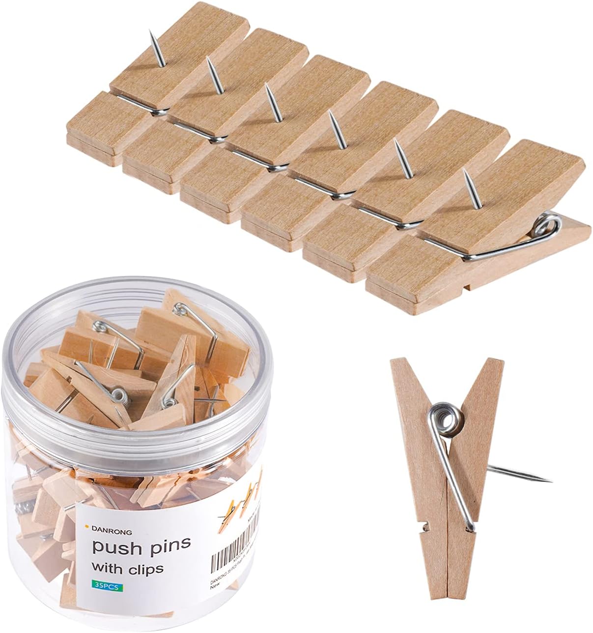 35 PCS Push Pins with Clips, Non-Separation Design, Decorative Wooden Thumb Tacks - No Holes for Documents, Paper, Notes, Photos - Cork Board/Bulletin Board Accessories