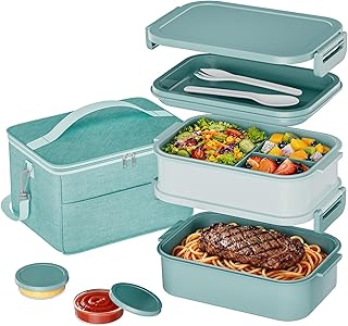 DaCool Adults Lunchbox Bento Box with Lunch Bag- 74 OZ All-in-One Stackable Lunch Box for Adults Kids Leakproof Bento Large Lunch Box Containers with Fork Spoon Sauce Box for Work School (Green)