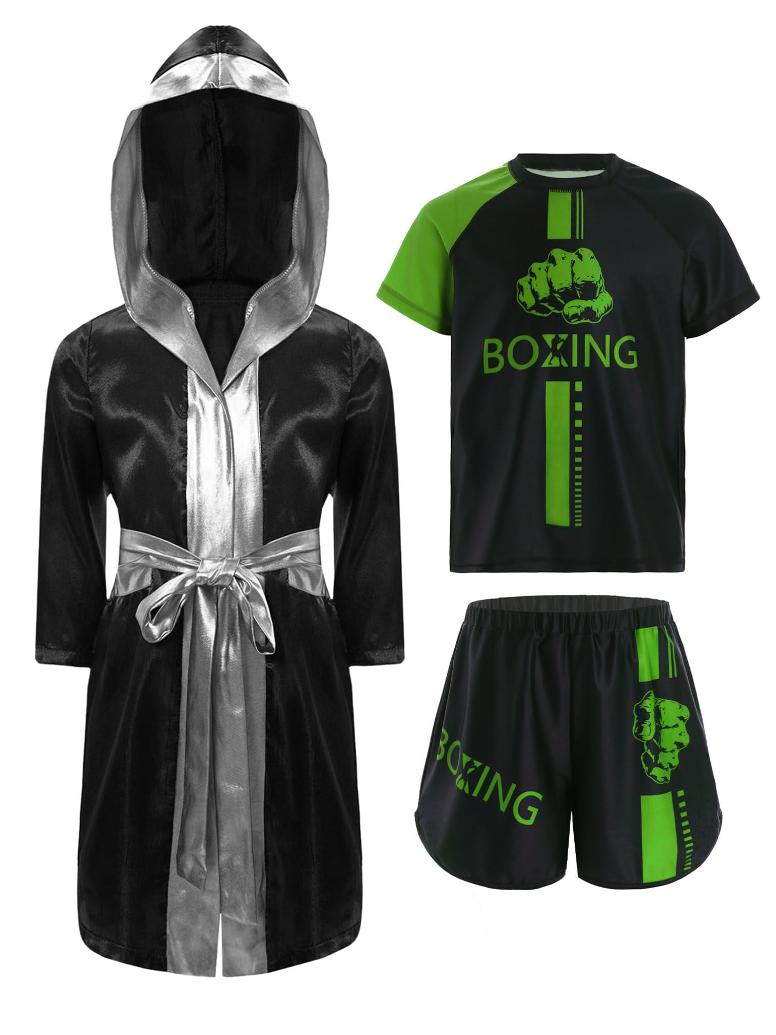 MSemis Kids Boys Boxing Uniform 3 Piece Satin Hooded Boxing Robe with Belt and Sports T-shirts Shorts Set Green 11-12 Years