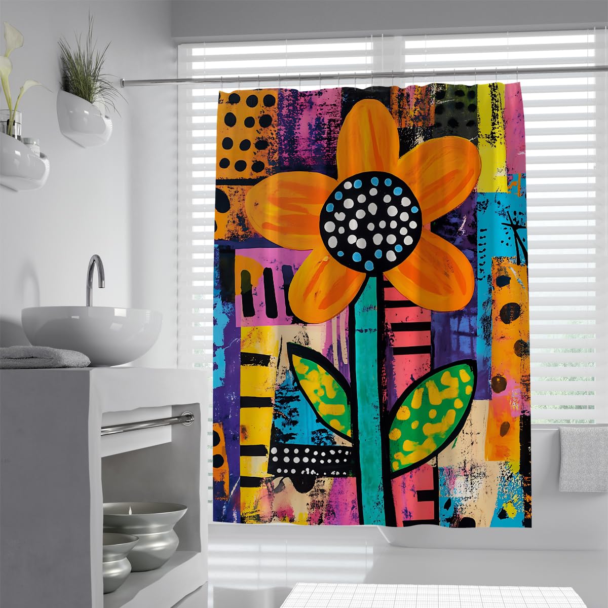 UIRINGART Colorful Abstract Shower Curtain W200xL200cm Bold Retro Flower Art Waterproof Polyester Mildew Resistant Quick Dry Bathroom Decor with Hooks