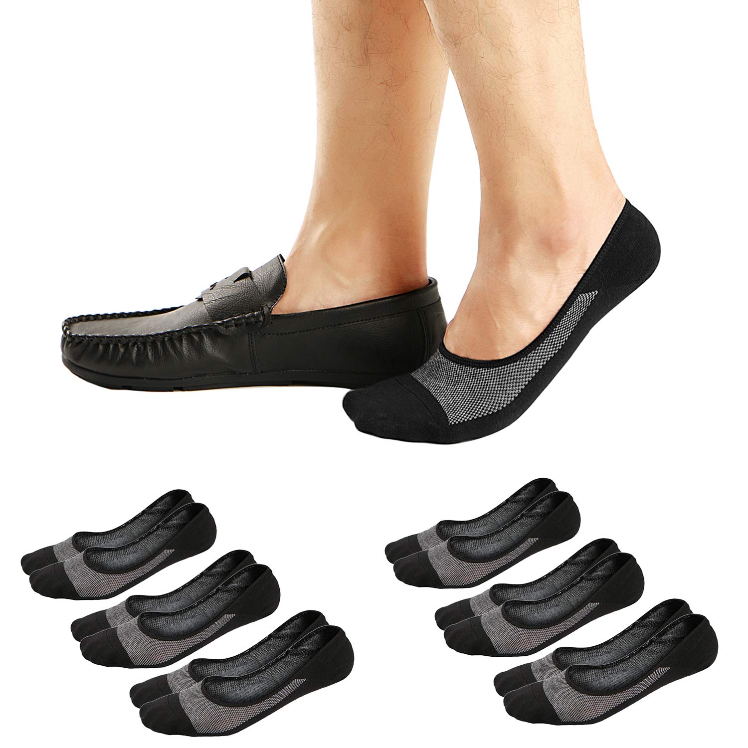 Ueither Men's Black (6 Pairs) No Show Socks Invisible Liner Loafers Sneakers Socks Non Slip (, 9.5-13.5)