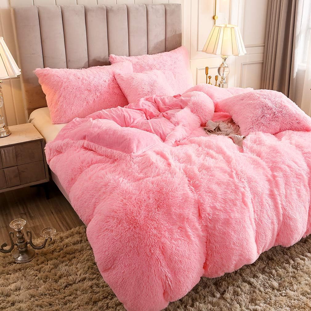 Uhamho Faux Fur Velvet Fluffy Bedding Duvet Cover Set Down Comforter Quilt Cover with Pillow Shams, Ultra Soft Warm (Pink, Queen)